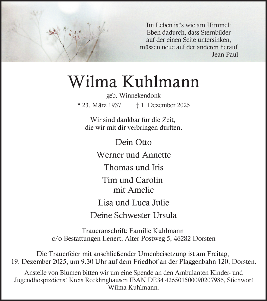  Traueranzeige für Wilma Kuhlmann vom 13.12.2025 aus Ruhr Nachrichten und Dorstener Zeitung