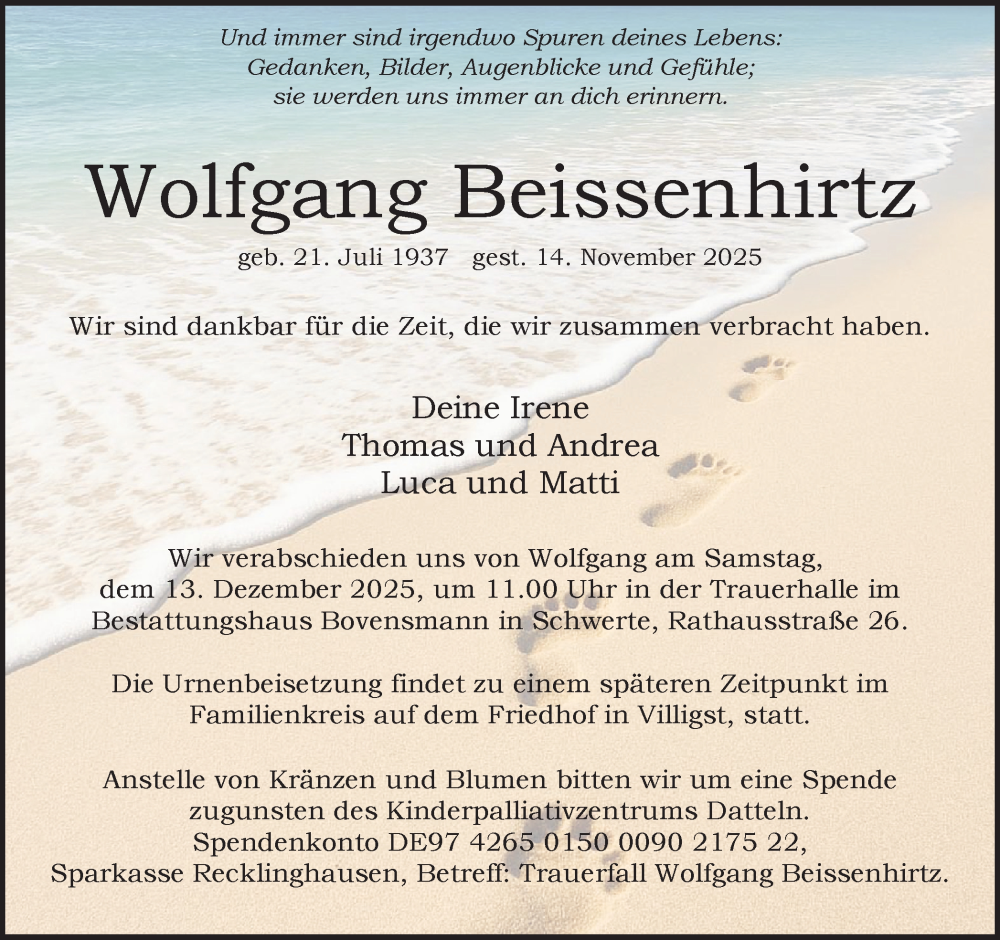  Traueranzeige für Wolfgang Beissenhirtz vom 06.12.2025 aus Ruhr Nachrichten