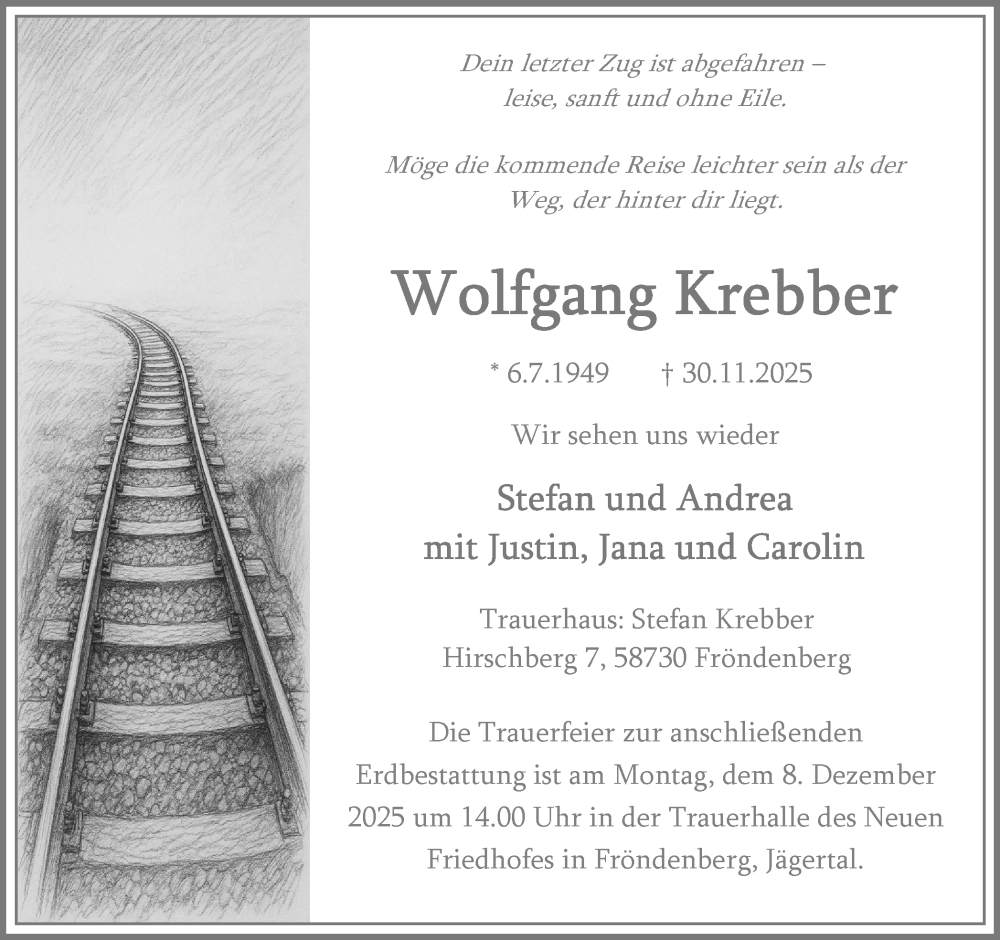  Traueranzeige für Wolfgang Krebber vom 03.12.2025 aus Hellweger Anzeiger