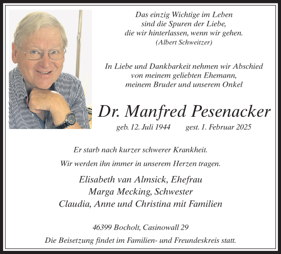 Traueranzeige von Dr. Manfred Pesenacker  von Bocholter Borkener Volksblatt