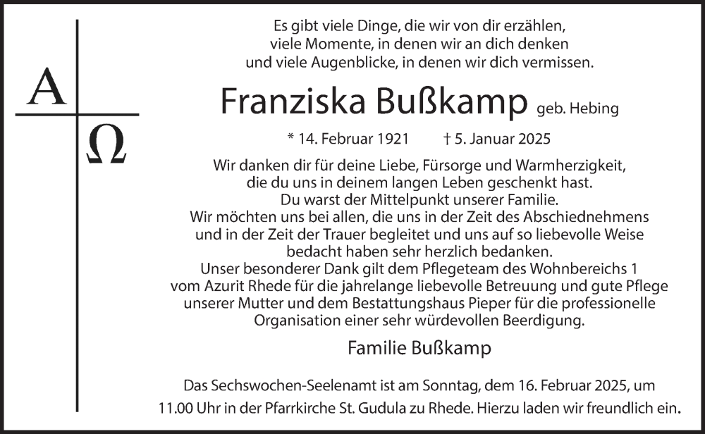  Traueranzeige für Franziska Bußkamp vom 12.02.2025 aus Bocholter Borkener Volksblatt 