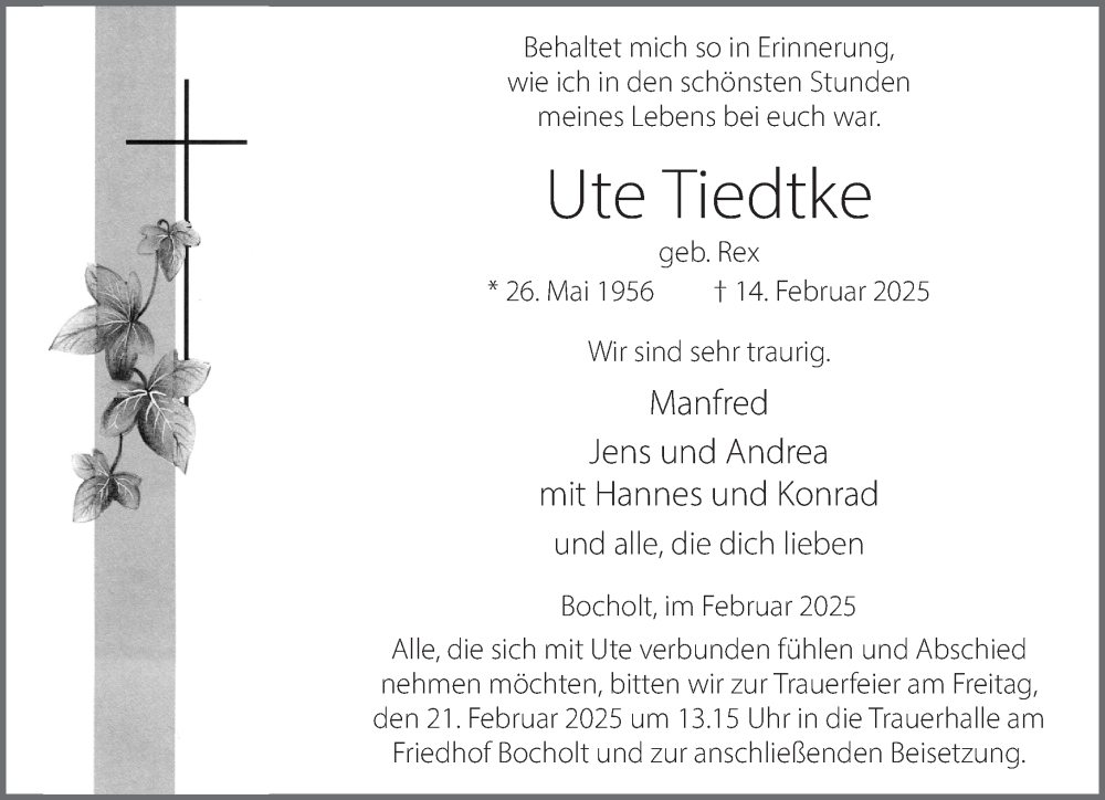  Traueranzeige für Ute Tiedtke vom 18.02.2025 aus Bocholter Borkener Volksblatt