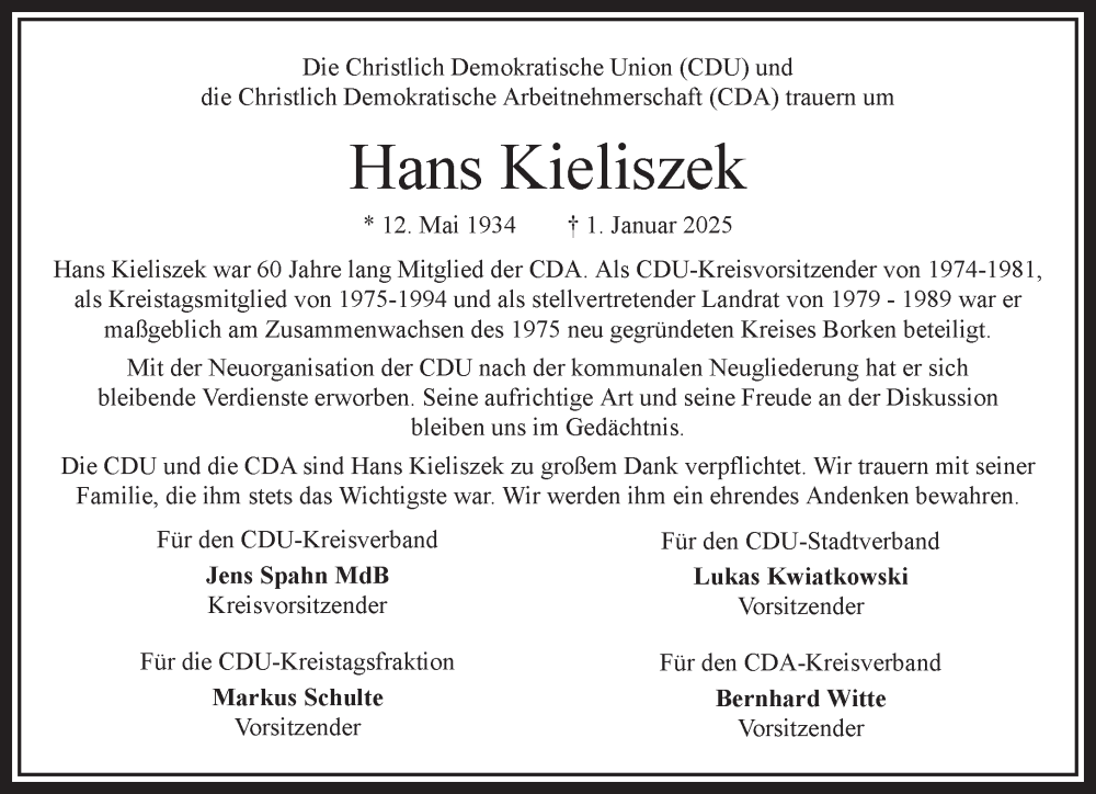  Traueranzeige für Hans Kieliszek vom 25.01.2025 aus Bocholter Borkener Volksblatt 