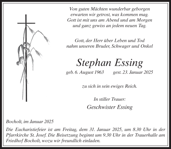 Traueranzeige von Stephan Essing von Bocholter Borkener Volksblatt 