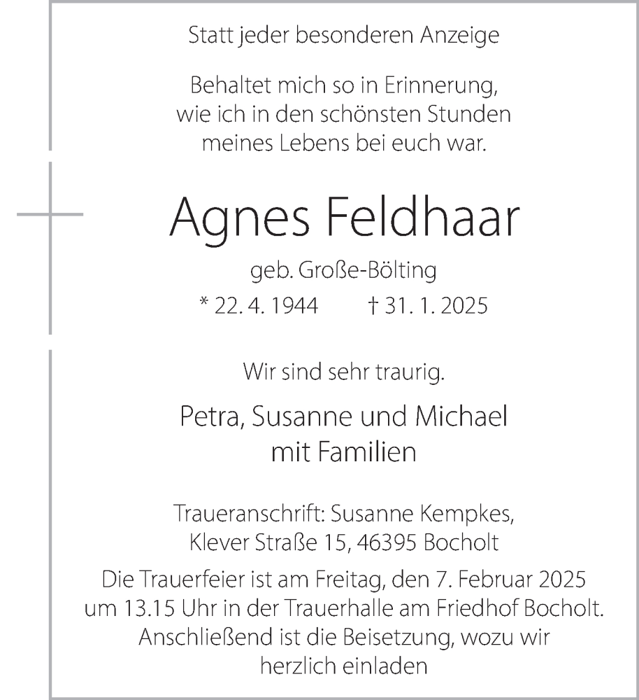  Traueranzeige für Agnes Feldhaar vom 04.02.2025 aus Bocholter Borkener Volksblatt