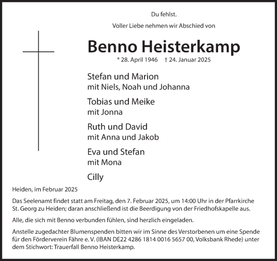 Traueranzeige von Benno Heisterkamp von Bocholter Borkener Volksblatt