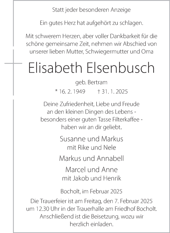 Traueranzeige von Elisabeth Elsenbusch von Bocholter Borkener Volksblatt 
