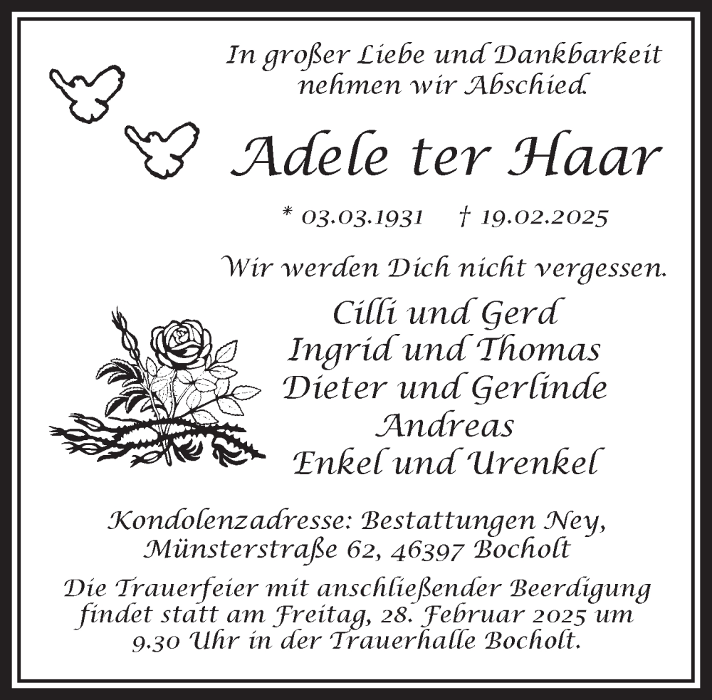  Traueranzeige für Adele ter Haar vom 25.02.2025 aus 