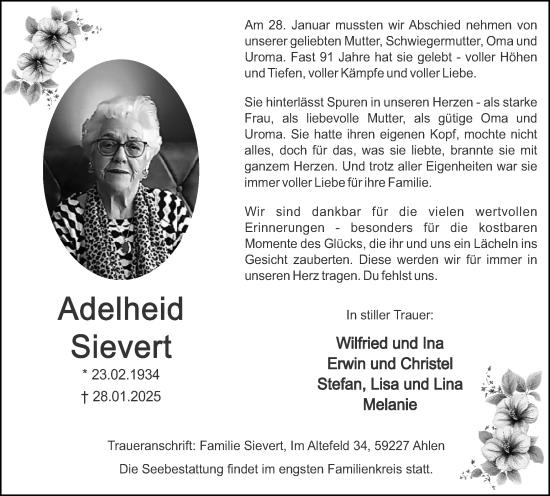 Traueranzeige von Adelheid Sievert von Stadtanzeiger Castrop-Rauxel