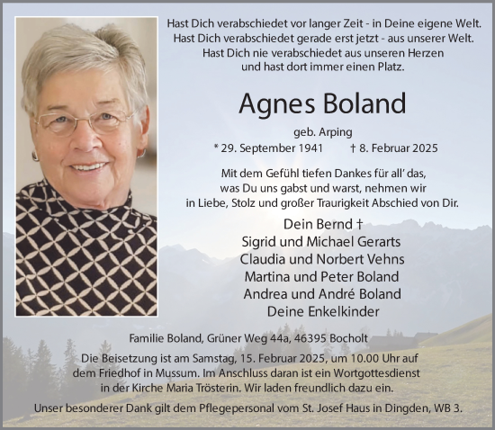 Traueranzeige von Agnes Boland 