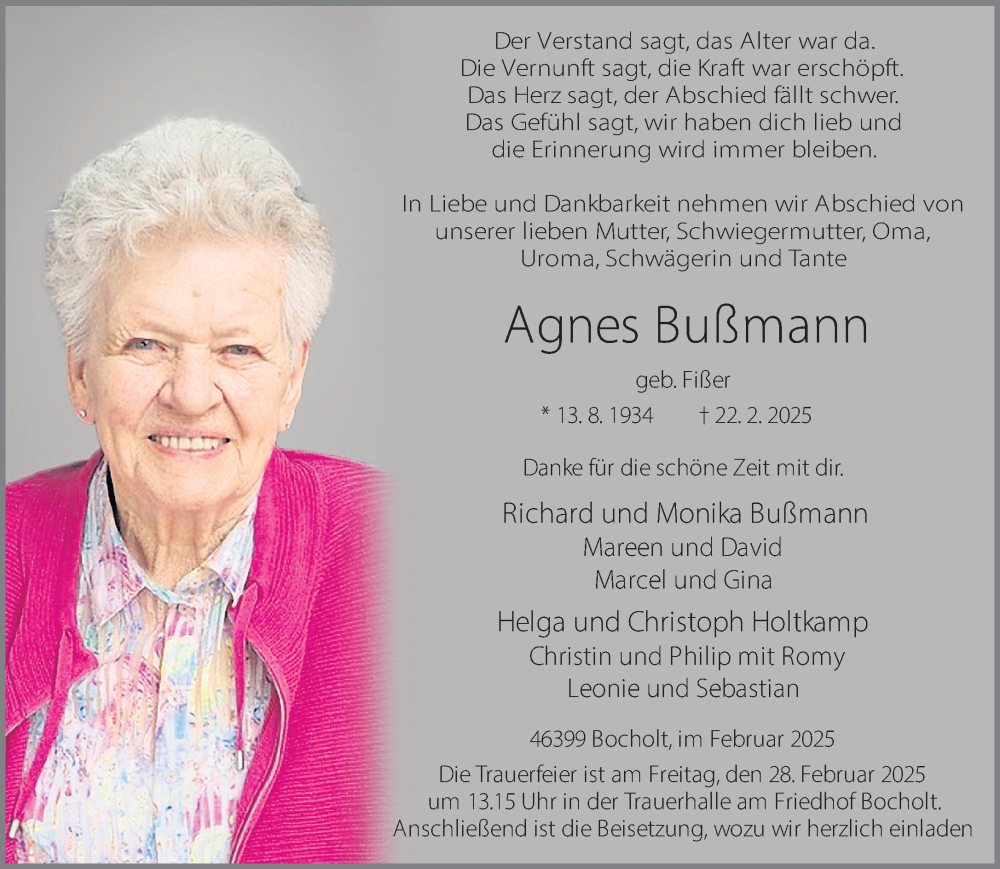  Traueranzeige für Agnes Bußmann vom 25.02.2025 aus 