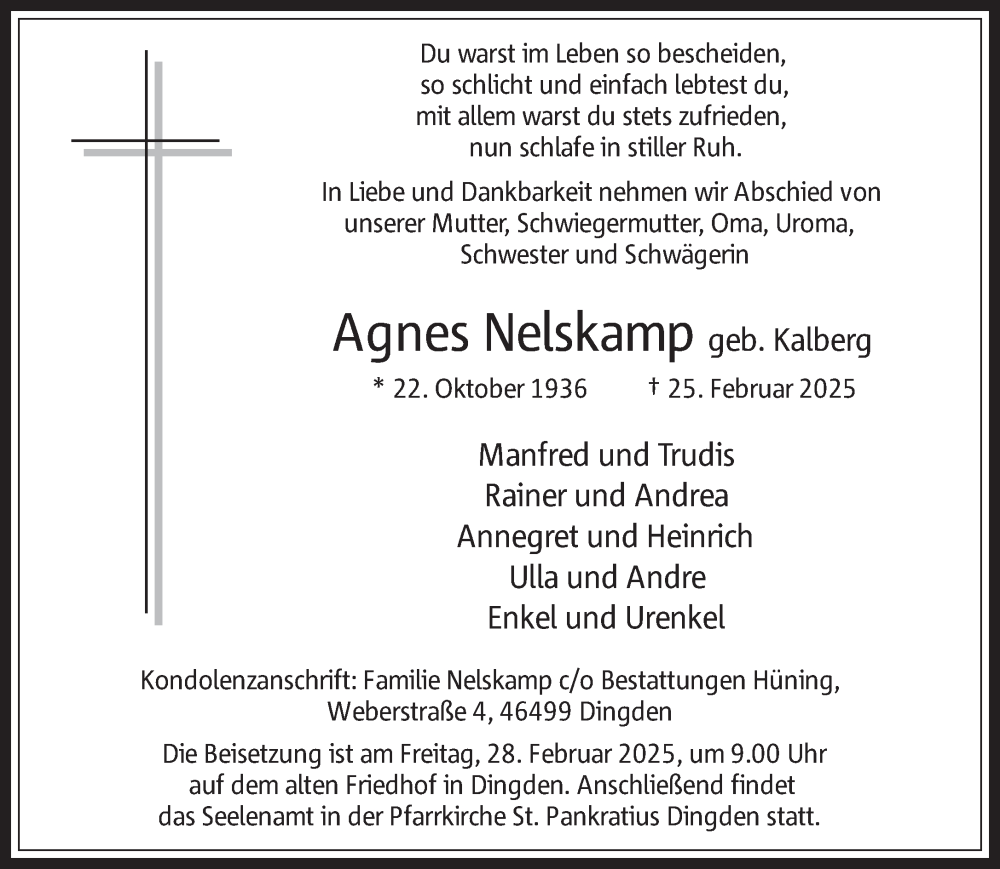 Traueranzeige für Agnes Nelskamp vom 27.02.2025 aus 