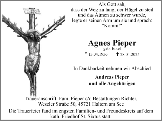 Traueranzeige von Agnes Pieper von Ruhr Nachrichten und Halterner Zeitung