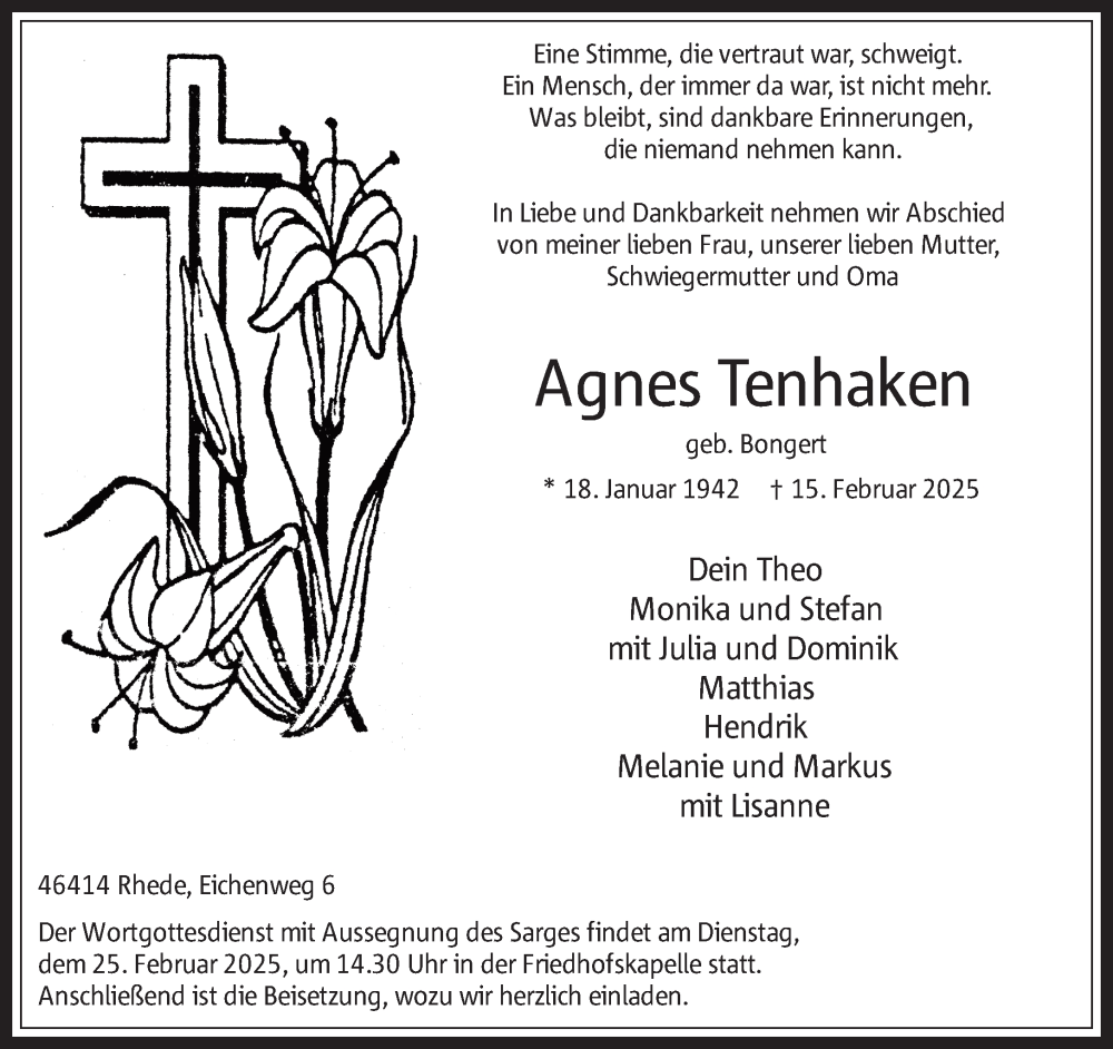  Traueranzeige für Agnes Tenhaken vom 19.02.2025 aus 