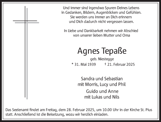 Traueranzeige von Agnes Tepaße 