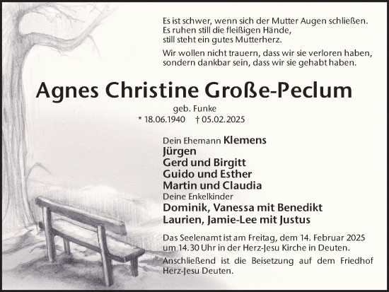 Traueranzeige von Agnes Christine Große-Peclum von Ruhr Nachrichten und Dorstener Zeitung