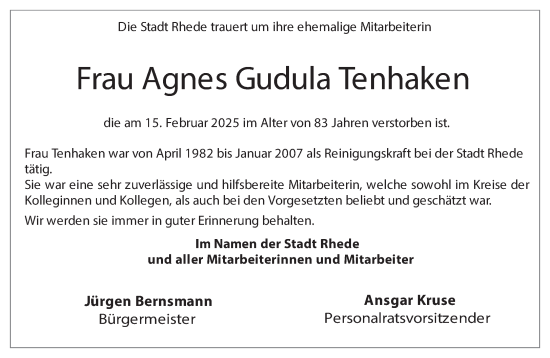 Traueranzeige von Agnes Gudula Tenhaken 
