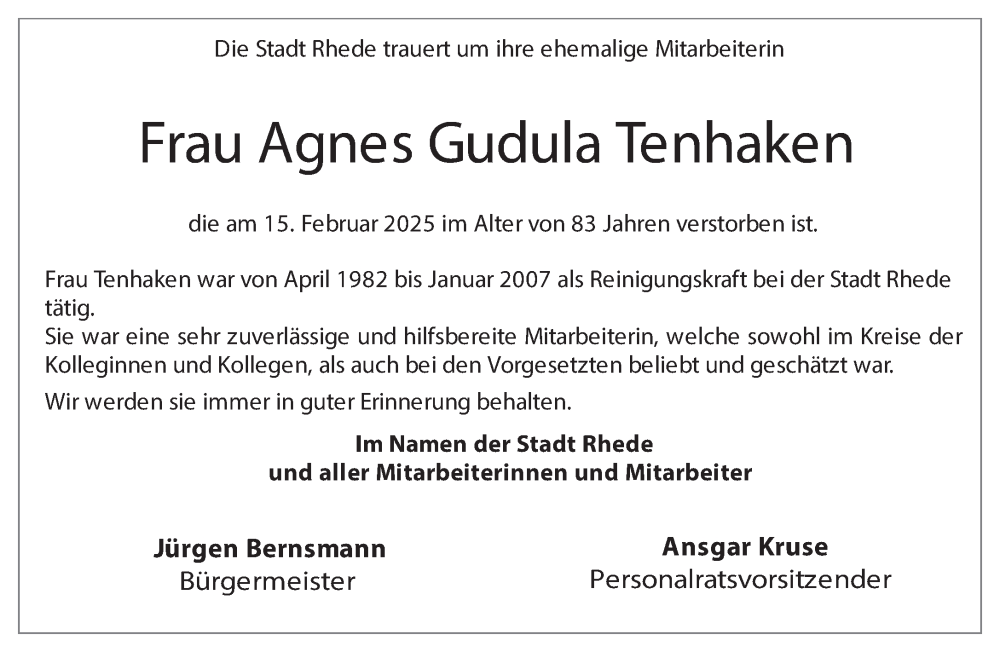  Traueranzeige für Agnes Gudula Tenhaken vom 22.02.2025 aus 