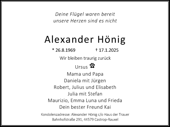 Traueranzeige von Alexander Hönig von Stadtanzeiger Castrop-Rauxel
