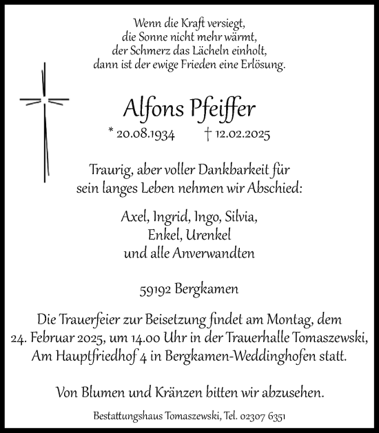 Traueranzeige von Alfons Pfeiffer von Hellweger Anzeiger