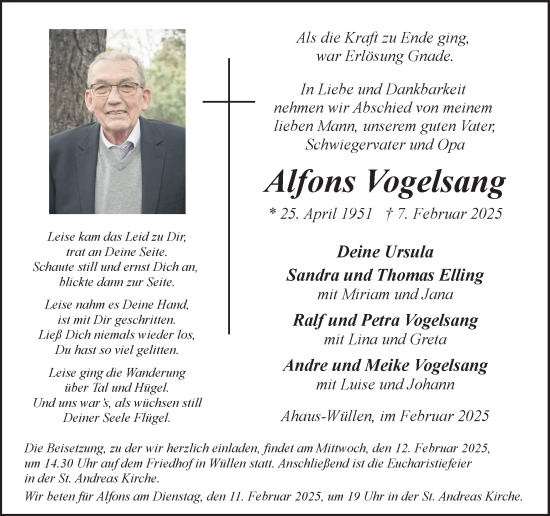 Traueranzeige von Alfons Vogelsang von Münsterland Zeitung