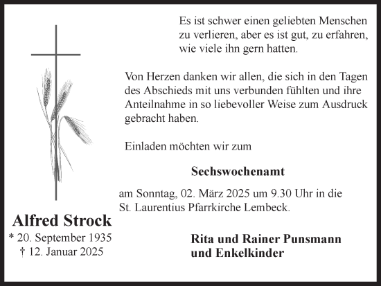 Traueranzeige von Alfred Strock von Ruhr Nachrichten und Dorstener Zeitung