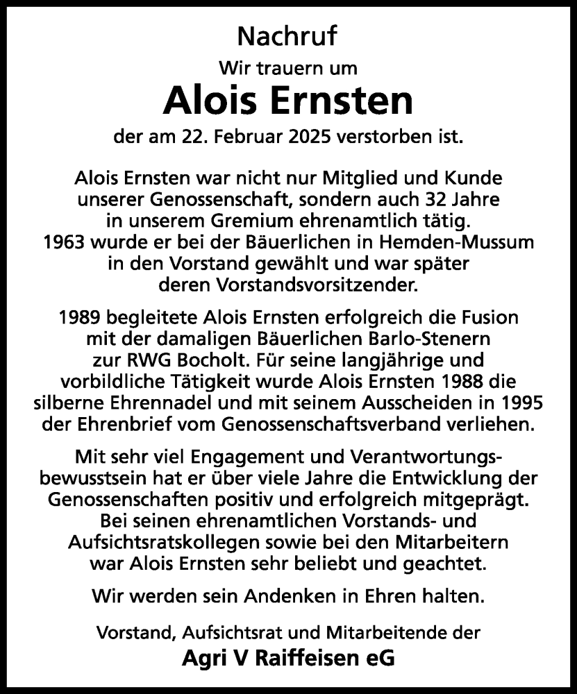  Traueranzeige für Alois Ernsten vom 28.02.2025 aus 