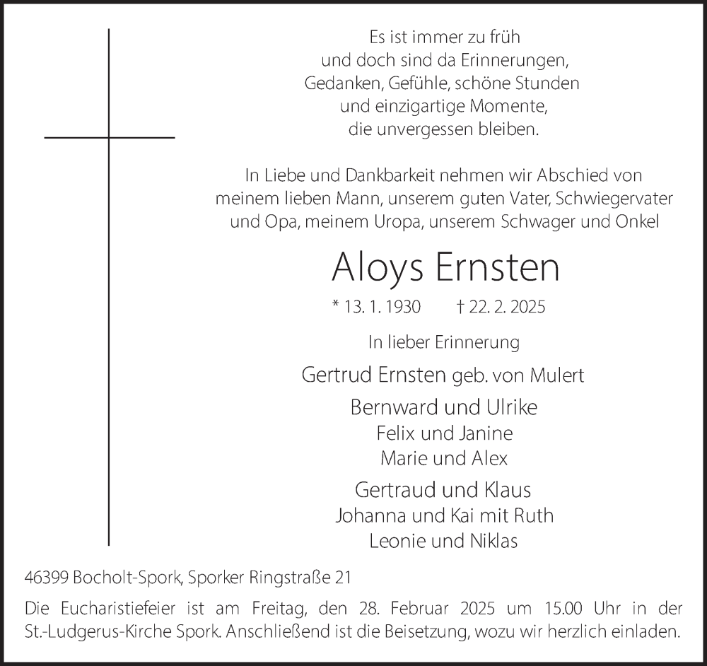  Traueranzeige für Aloys Ernsten vom 25.02.2025 aus 