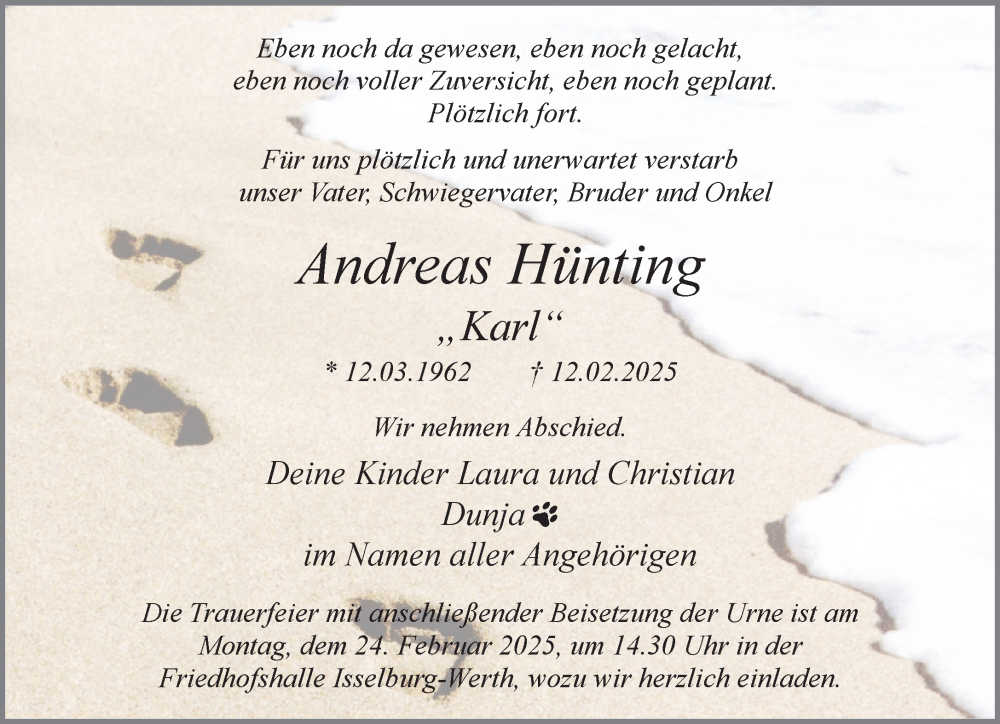  Traueranzeige für Andreas Hünting vom 19.02.2025 aus 
