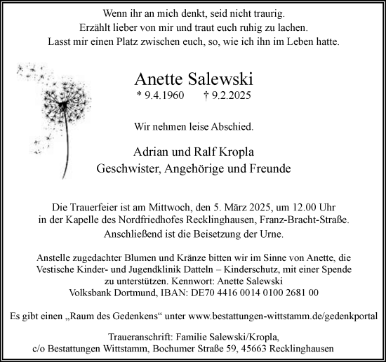 Traueranzeige von Anette Salewski von Trauer Vest