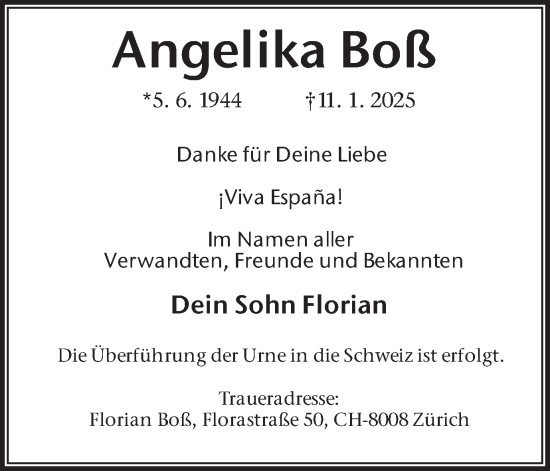 Traueranzeige von Angelika Boß von Trauer Vest