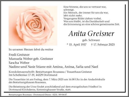 Traueranzeige von Anita Greisner von Ruhr Nachrichten