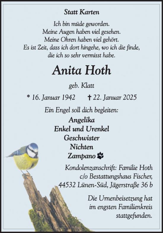 Traueranzeige von Anita Hoth von Nord Anzeiger Dortmund