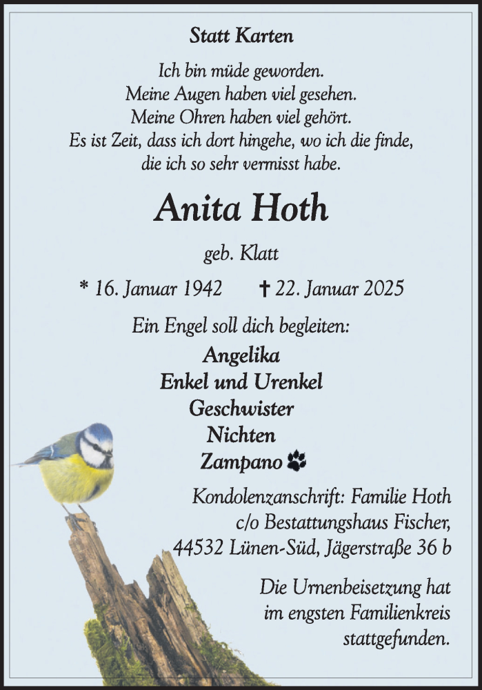  Traueranzeige für Anita Hoth vom 08.02.2025 aus Nord Anzeiger Dortmund