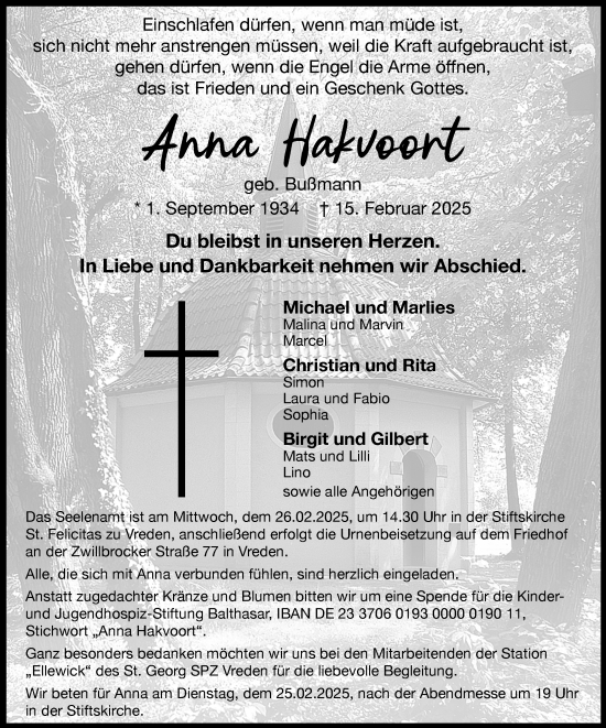 Traueranzeige von Anna Hakvoort von Münsterland Zeitung