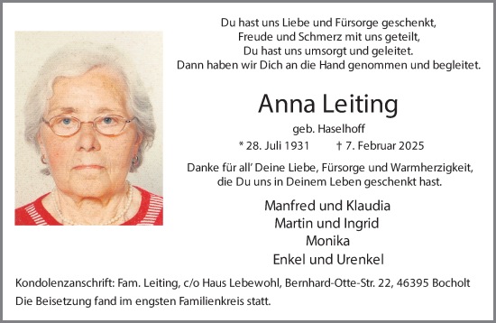 Traueranzeige von Anna Leiting 
