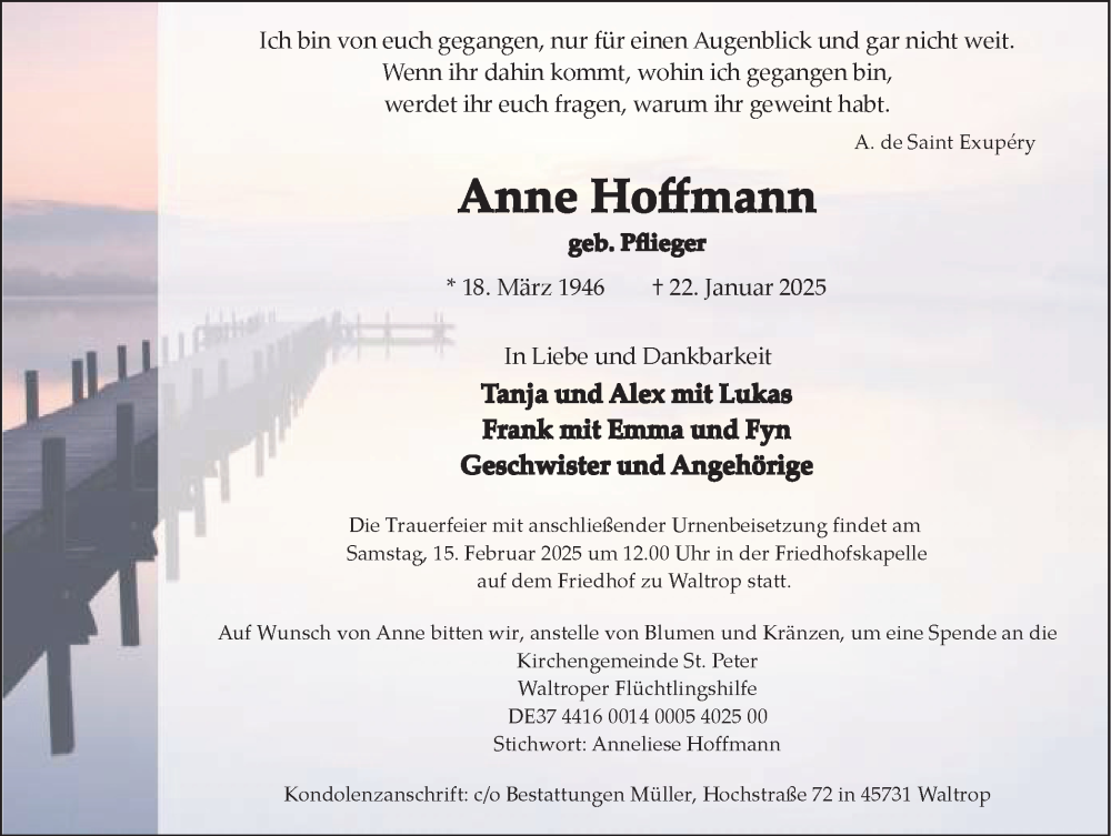  Traueranzeige für Anne Hoffmann vom 08.02.2025 aus Trauer Vest