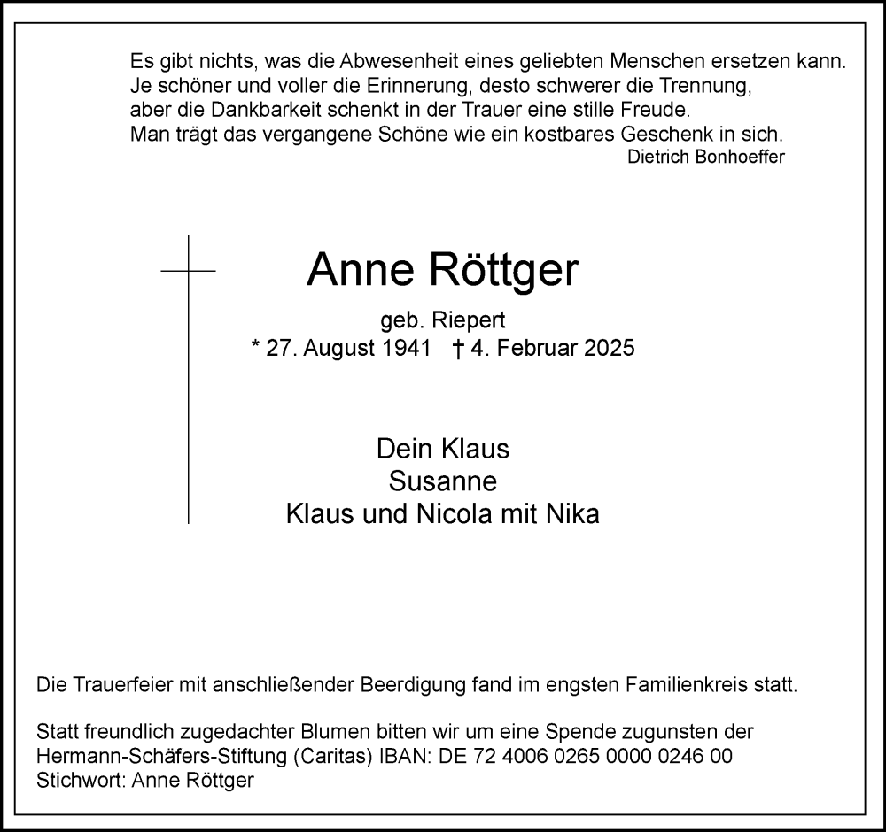  Traueranzeige für Anne Röttger vom 15.02.2025 aus Trauer Vest