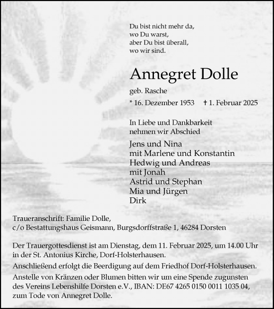 Traueranzeige von Annegret Dolle von Ruhr Nachrichten und Dorstener Zeitung