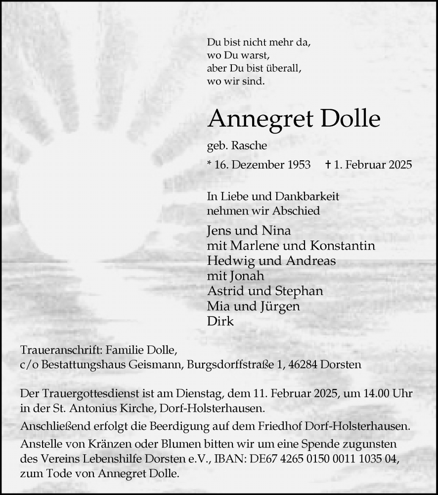  Traueranzeige für Annegret Dolle vom 06.02.2025 aus Ruhr Nachrichten und Dorstener Zeitung