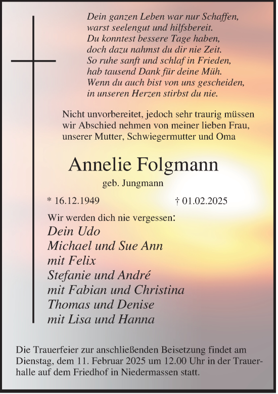 Traueranzeige von Annelie Folgmann von Hellweger Anzeiger
