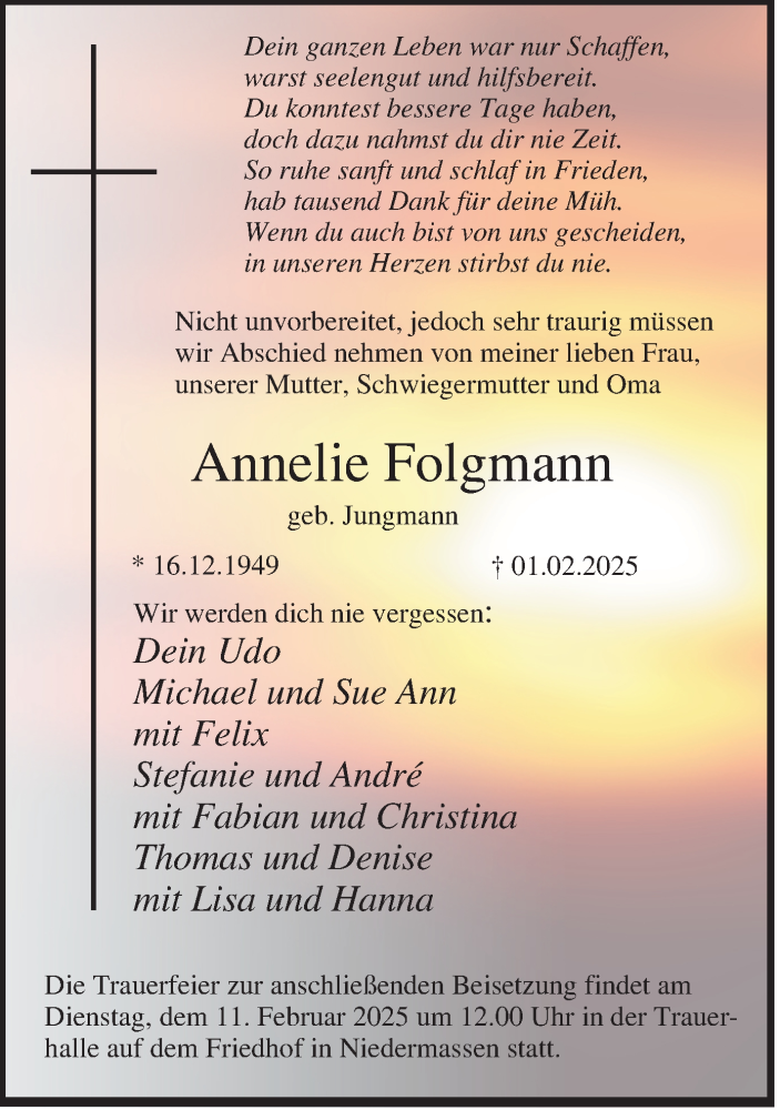  Traueranzeige für Annelie Folgmann vom 08.02.2025 aus Hellweger Anzeiger