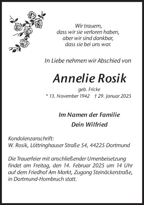 Traueranzeige von Annelie Rosik von Ruhr Nachrichten