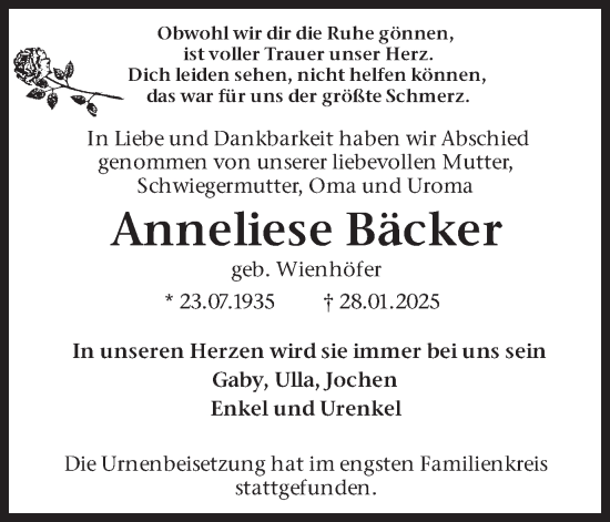 Traueranzeige von Anneliese Bäcker von Stadtanzeiger Castrop-Rauxel