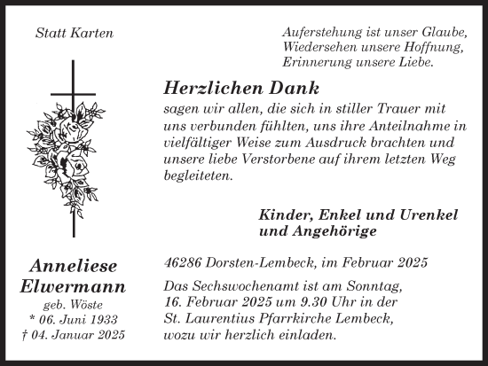 Traueranzeige von Anneliese Elwermann von Ruhr Nachrichten und Dorstener Zeitung