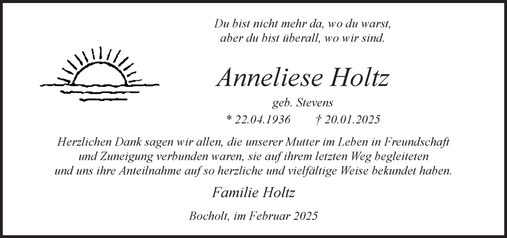  Traueranzeige für Anneliese Holtz vom 13.02.2025 aus 