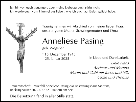 Traueranzeige von Anneliese Pasing von Ruhr Nachrichten und Halterner Zeitung