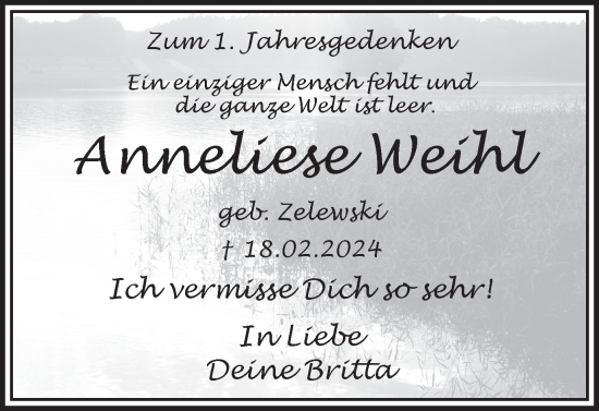 Traueranzeige von Anneliese Weihl von Ruhr Nachrichten