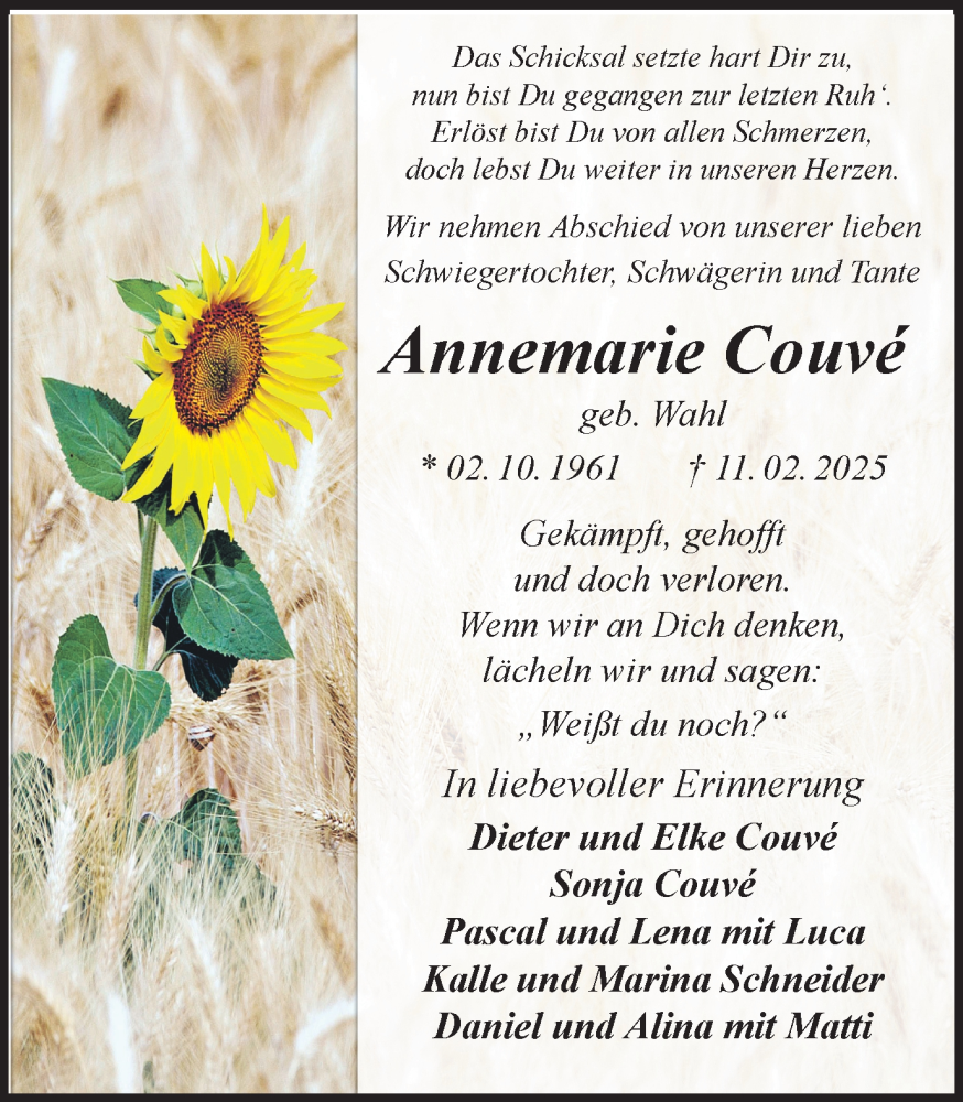  Traueranzeige für Annemarie Couve vom 22.02.2025 aus Ruhr Nachrichten und Dorstener Zeitung