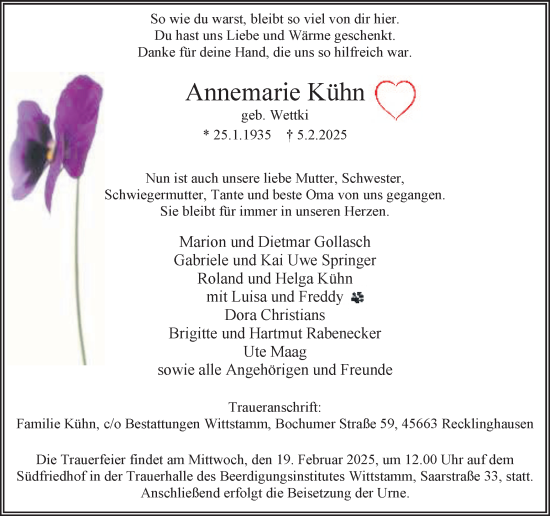 Traueranzeige von Annemarie Kühn von Trauer Vest